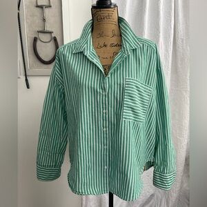 Xirena Jordy Striped Button Front Shirt Clover Green Stripes Size M